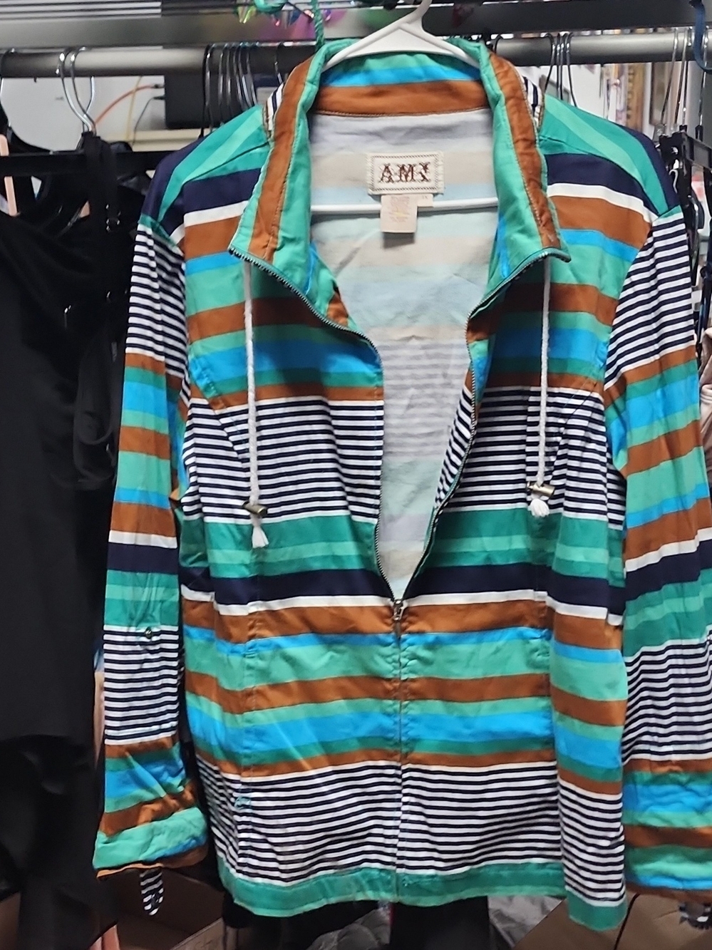 AMX Striped Zip-Up Hoodie in Teal, Brown & Navy